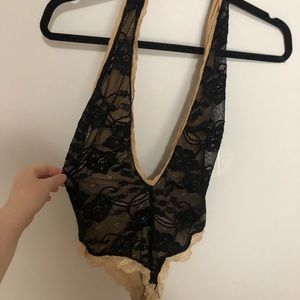Black Nude Plunging Halter Bodysuit Lingerie